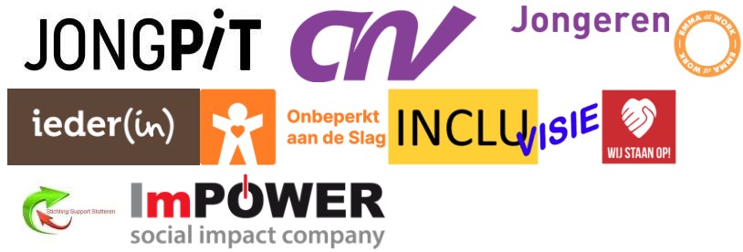 Logo's: Jongpit, CNV jongeren, Iederin, Onbeperkt aan de slag, Incluvisie, Wij staan op, Stichting Support Stotteren, Impower